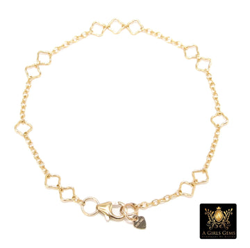 14 K Gold Filled Clover Chain Bracelet, 925 Sterling Silver Long Short Quatrefoil Link Bracelet, Stamped 14/20 or 925
